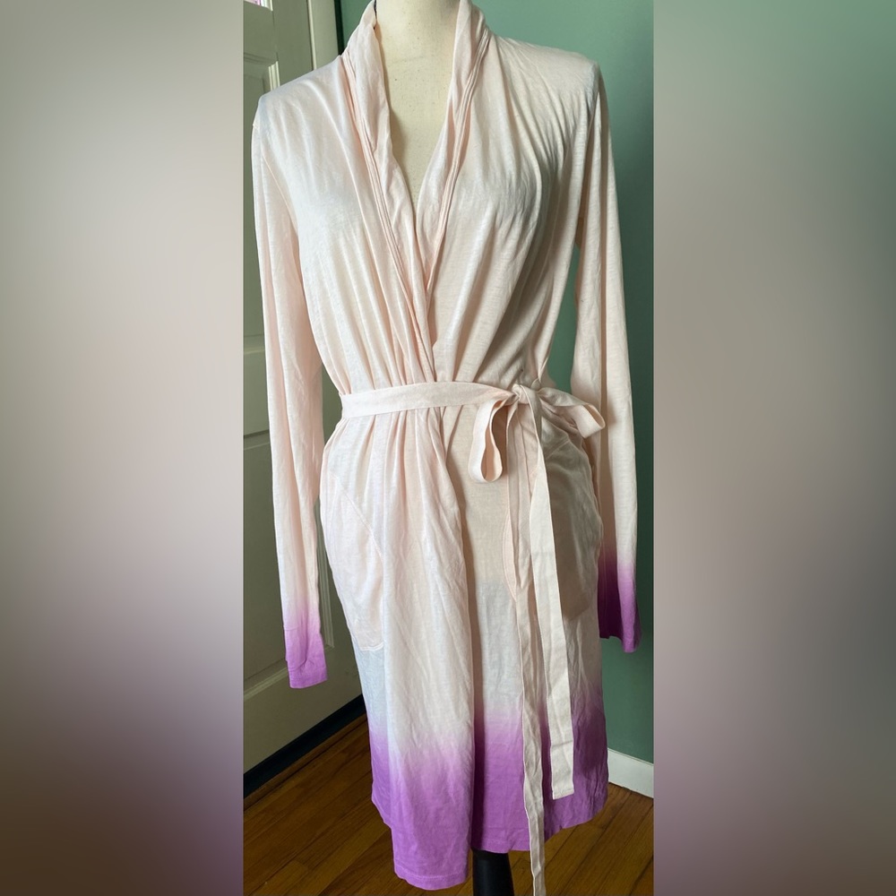 Skin Organic pink purple ombré long sleeves belted short buttery soft bathrobe